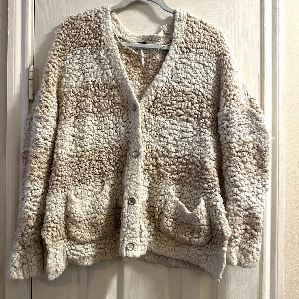 Free People Cream and Tan Striped Boucle Cardigan Sweater